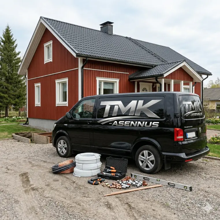 Omakotitalon putkiremontti Ylöjärvellä – TMK Asennuksen pakettiauto ja työvälineet omakotitalon pihassa